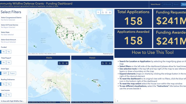 Community Wildfire Defense Grants dashboard screenshot